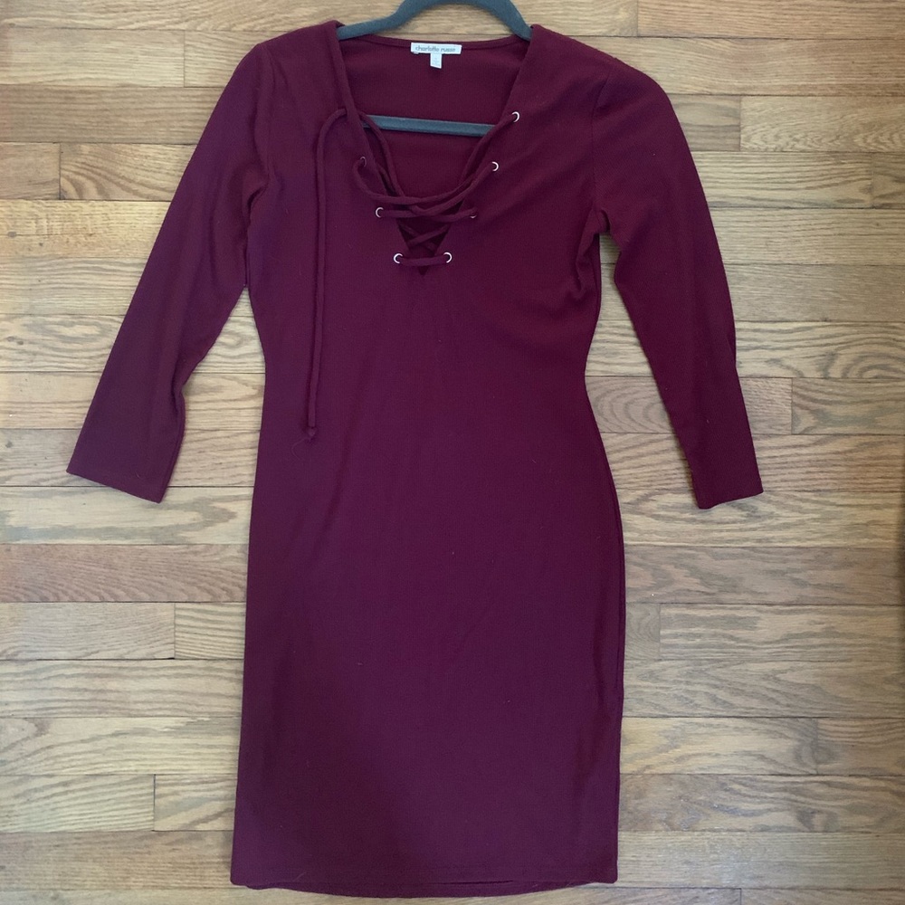 Lace up front 3/4 sleeve sweater dress